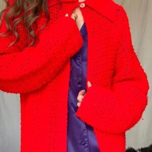Bright Red Chunky Cardigan Sweater